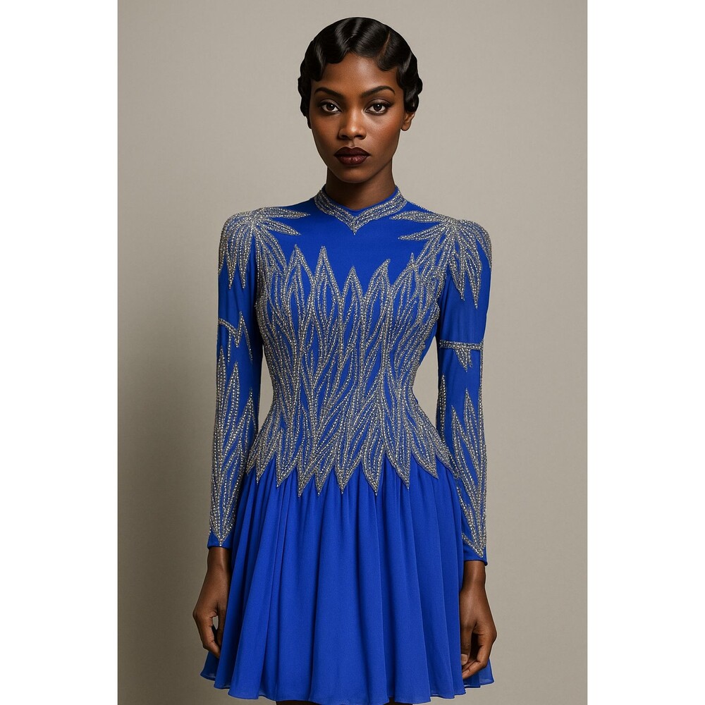 Vintage Jacquline Electric Blue Swing Dress w/Heavy Beaded Bodice 100% Silk SZ 8